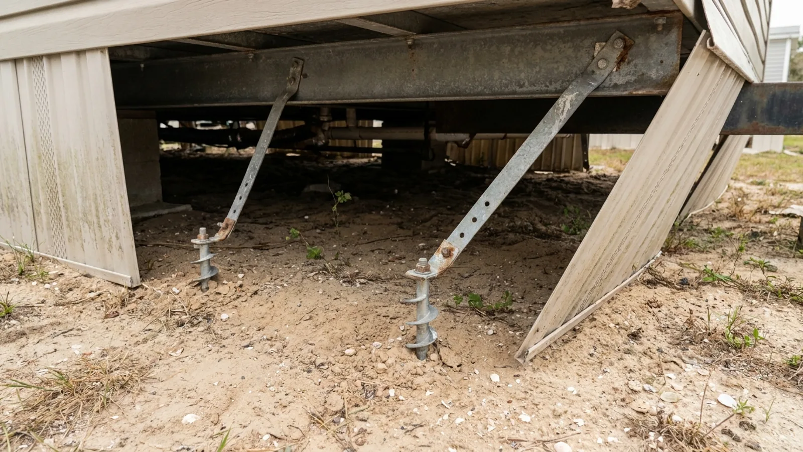 The underside of a manufactured home showing anchor straps and ground anchors in Florida