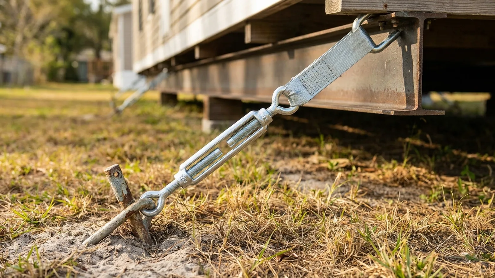 New galvanized anchor straps tensioned under a Florida manufactured home