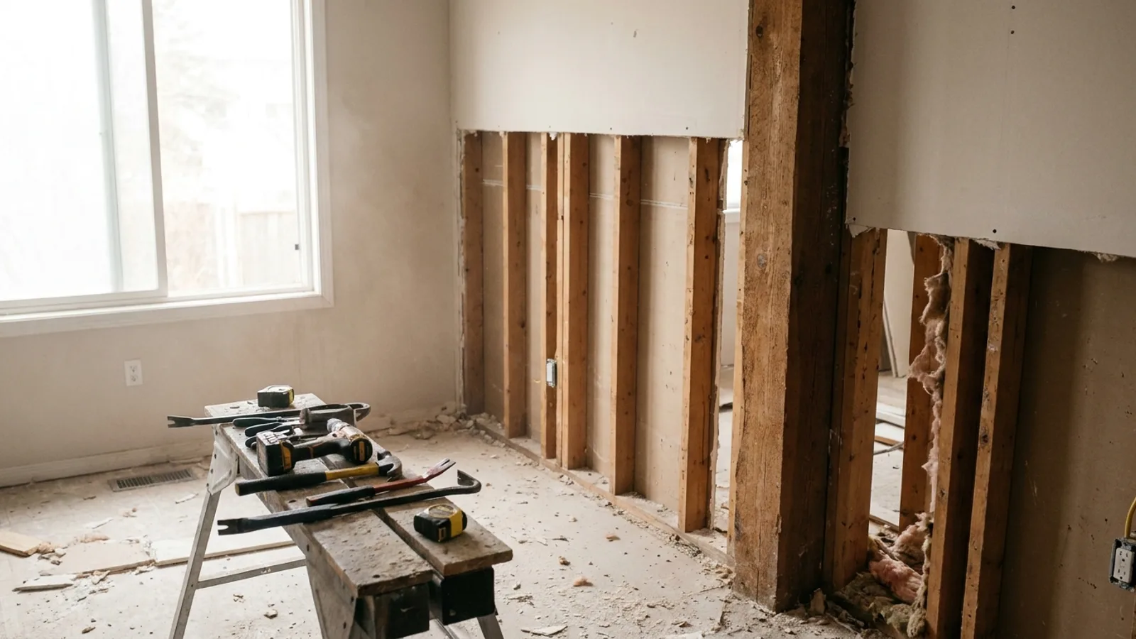 An opened interior wall during a remodel showing wood framing studs and a support beam