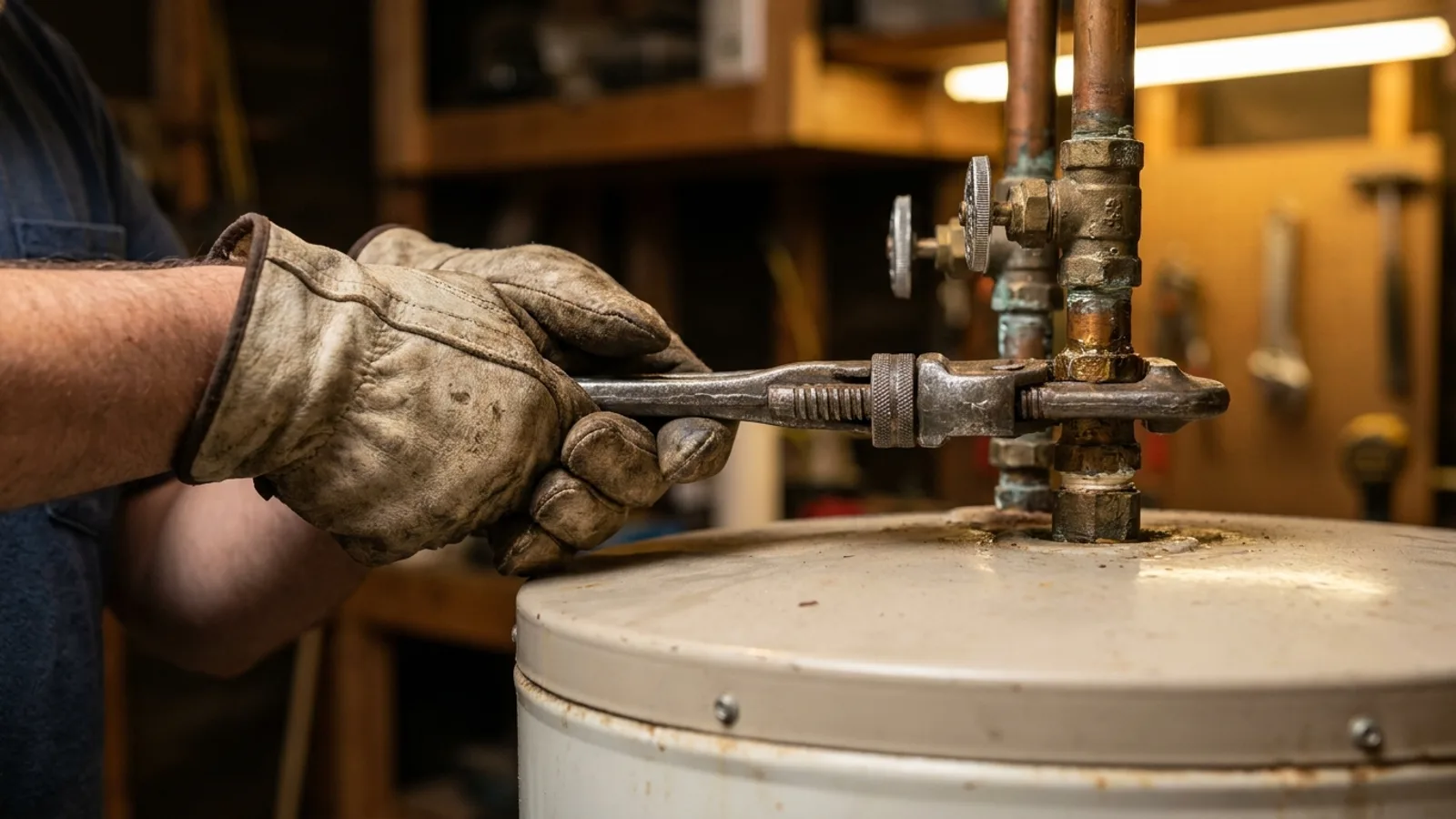 A licensed technician replacing a residential water heater in a garage utility space