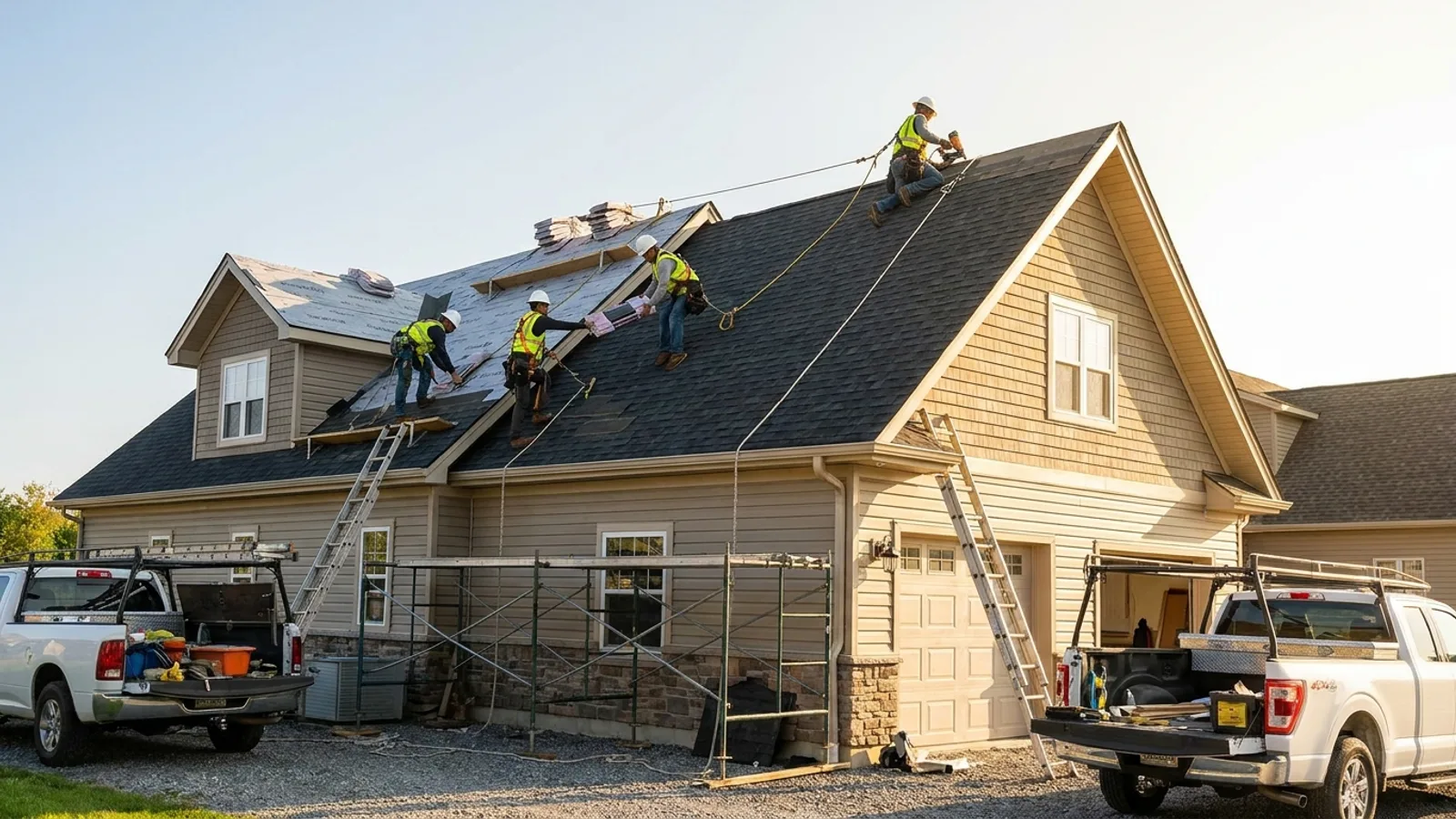 A roofing crew installing asphalt shingles on a residential pitched roof