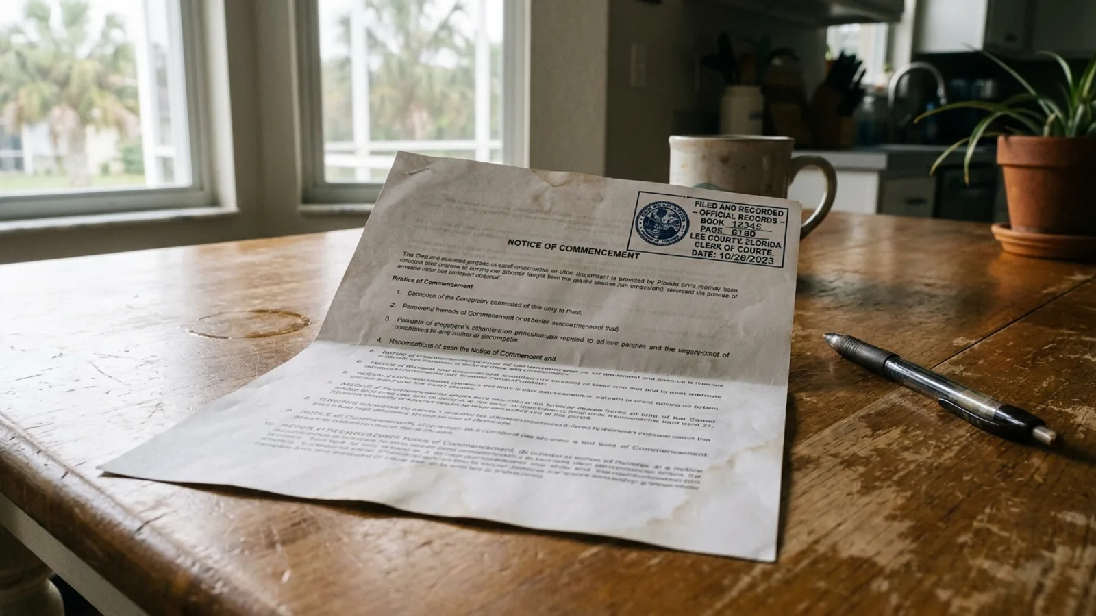 A recorded Notice of Commencement document and a pen resting on a kitchen table in a Florida home