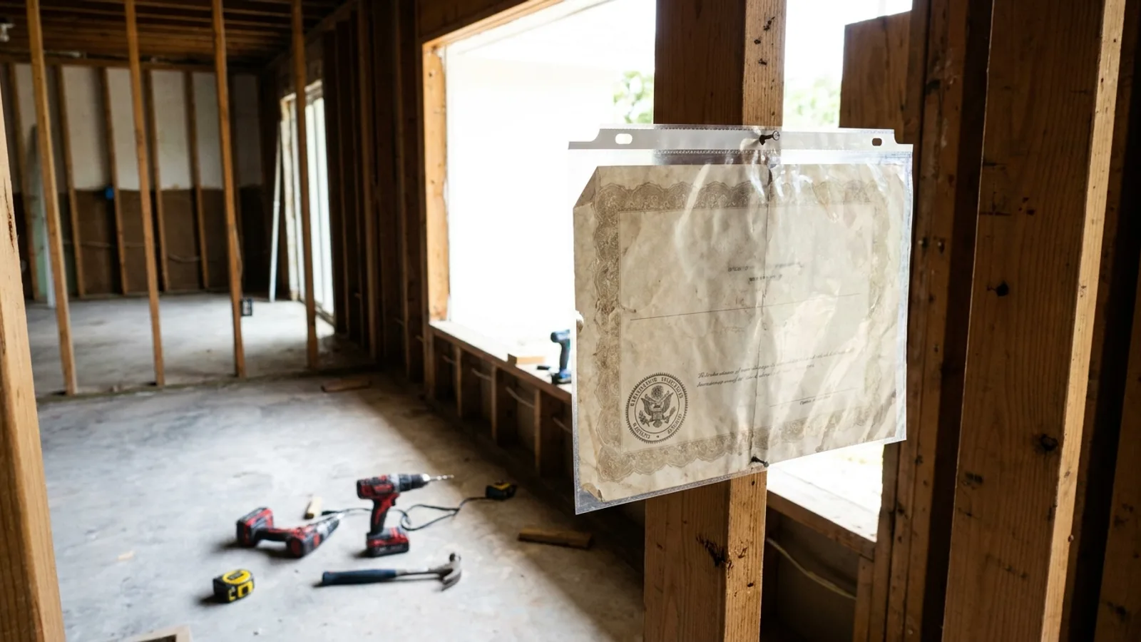 A certified permit document posted in a clear sleeve on a stud wall at an early-stage Florida home remodel