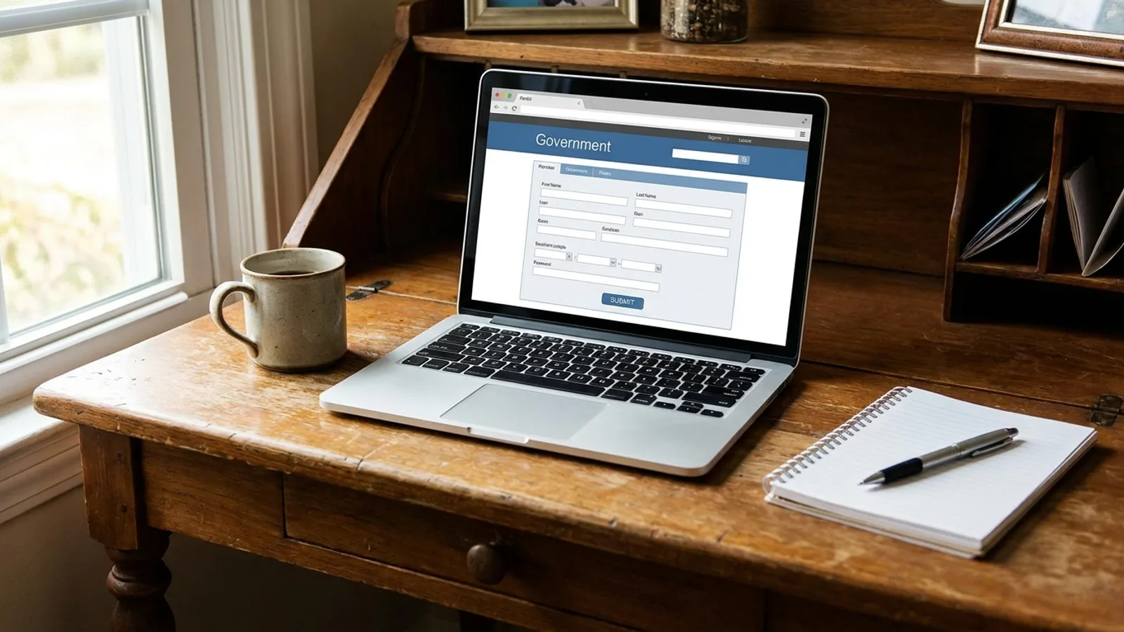 A homeowner's laptop open to a government online permitting portal on a desk