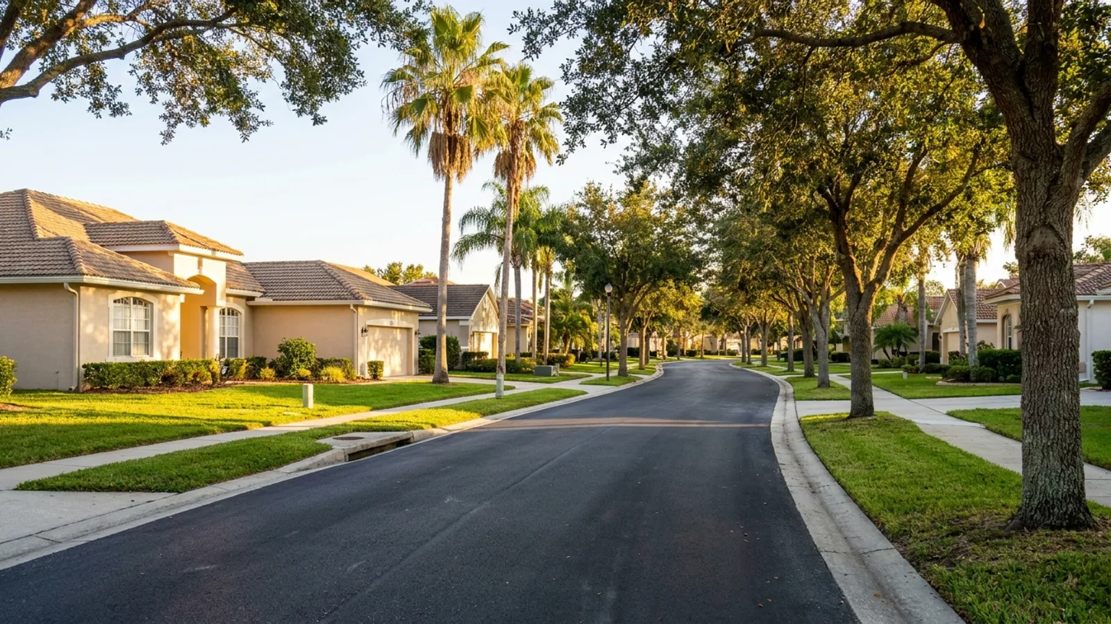 A quiet residential neighborhood street in the Orlando area under warm daylight