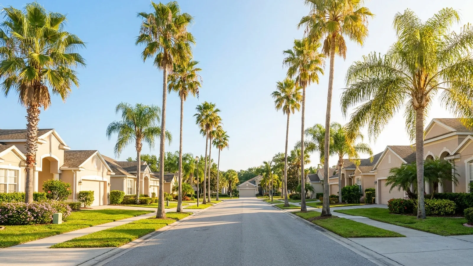 A residential neighborhood of single-family homes in Orlando, Florida with palms
