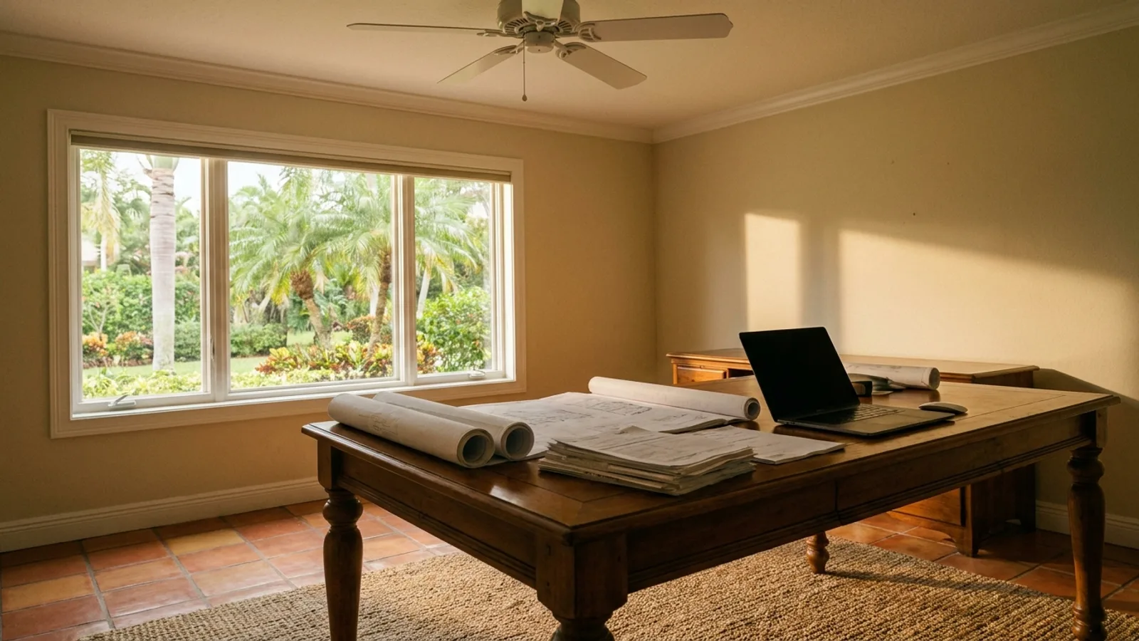 A homeowner reviewing building permit plans and paperwork at a table