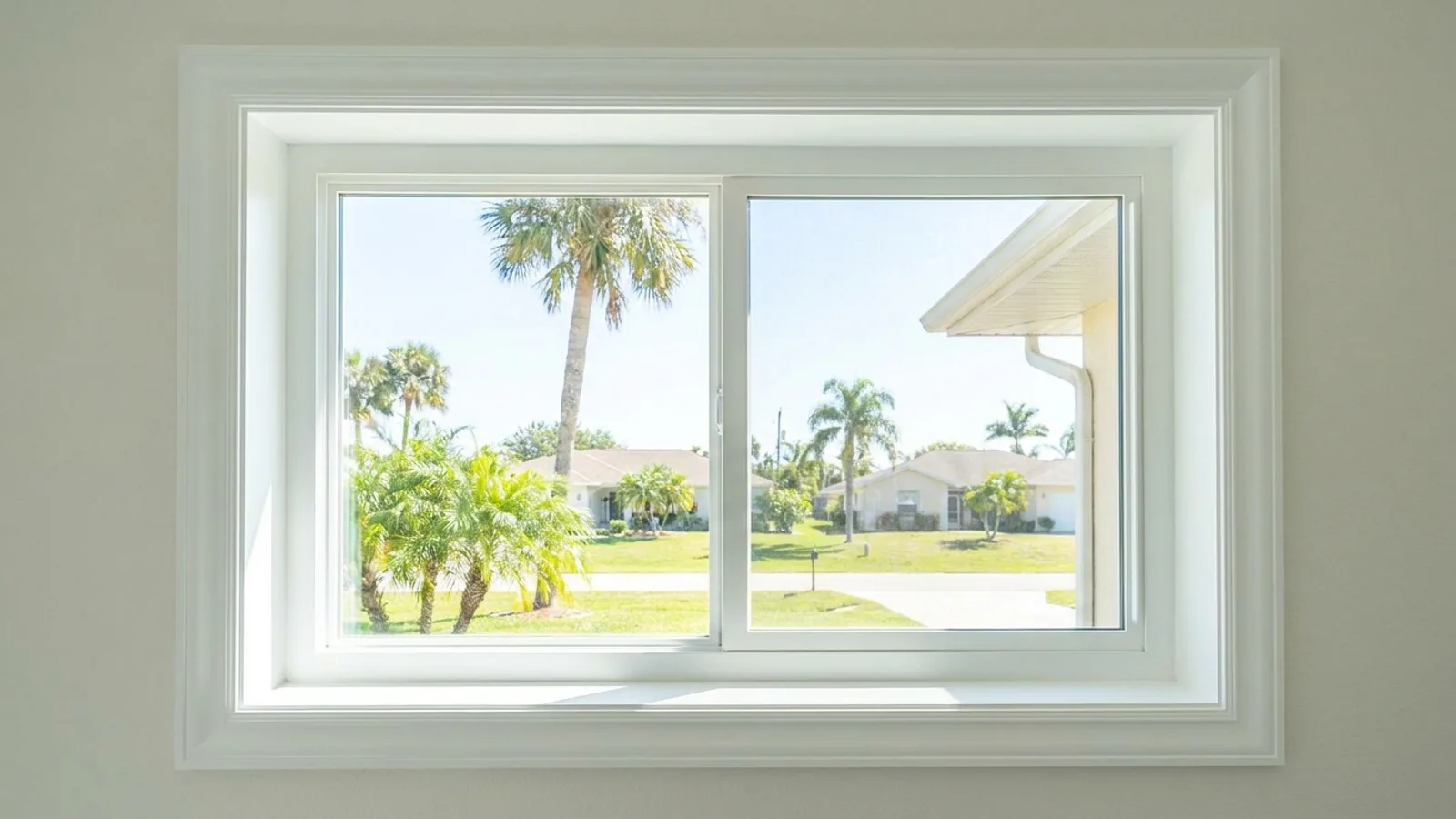A newly installed replacement window with clean trim in a Florida home