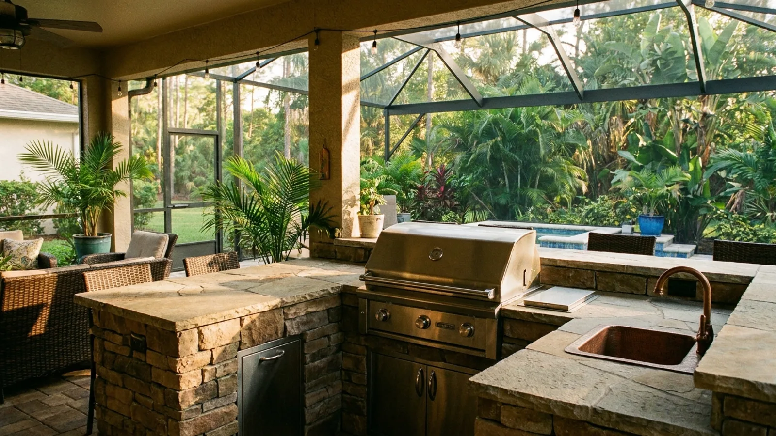 A built-in outdoor kitchen with a grill, counter, and sink on a Florida lanai