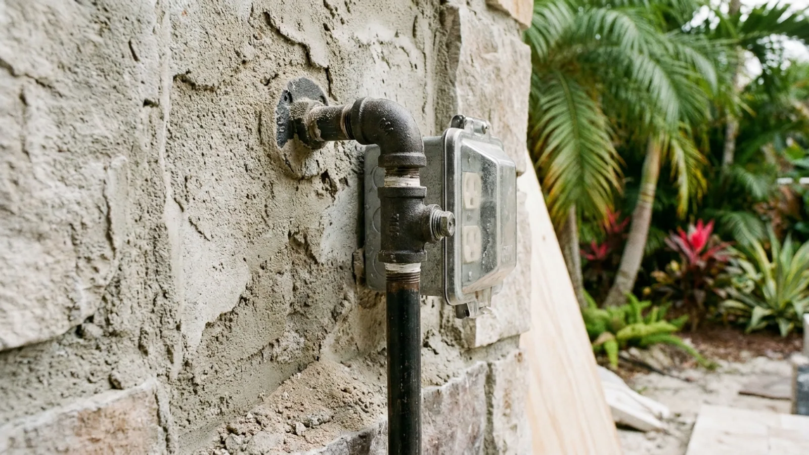 A gas line connection and outlet rough-in at a Florida outdoor kitchen build