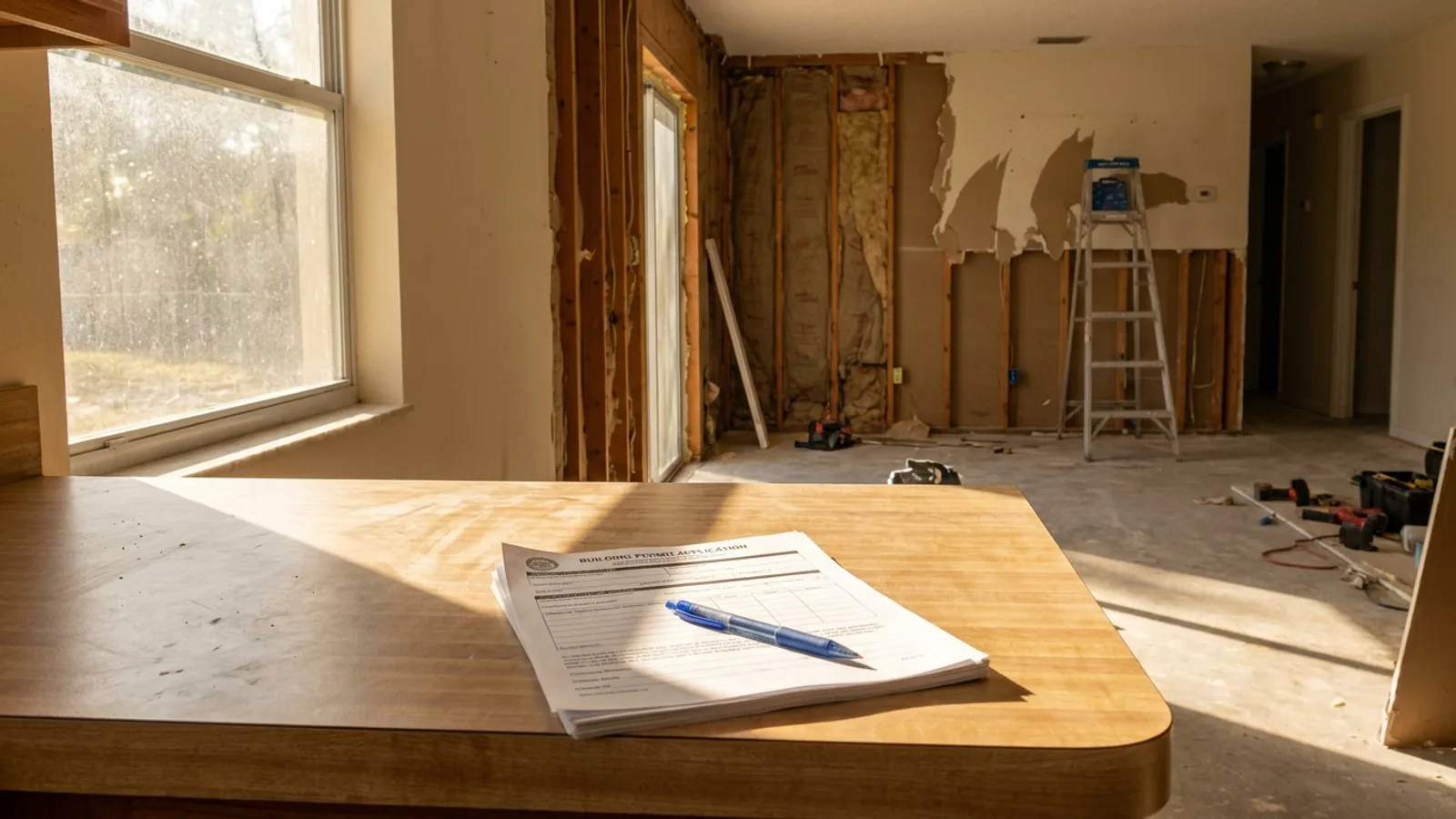 A single-story Florida home under renovation with permit paperwork on a kitchen counter