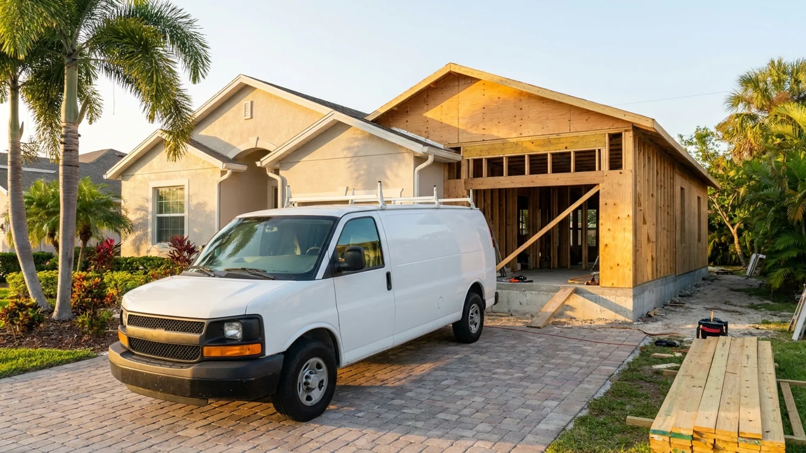 A licensed subcontractor's work van parked in a Florida driveway beside a partly finished home addition