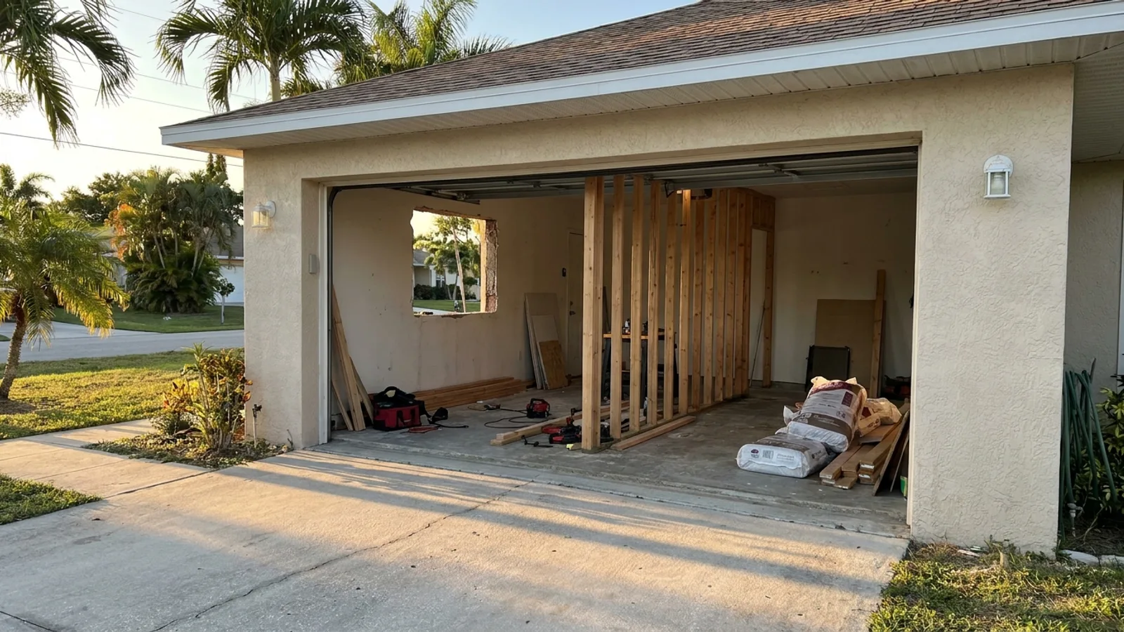 An attached garage on a Florida home being converted into living space with new framing and a window opening