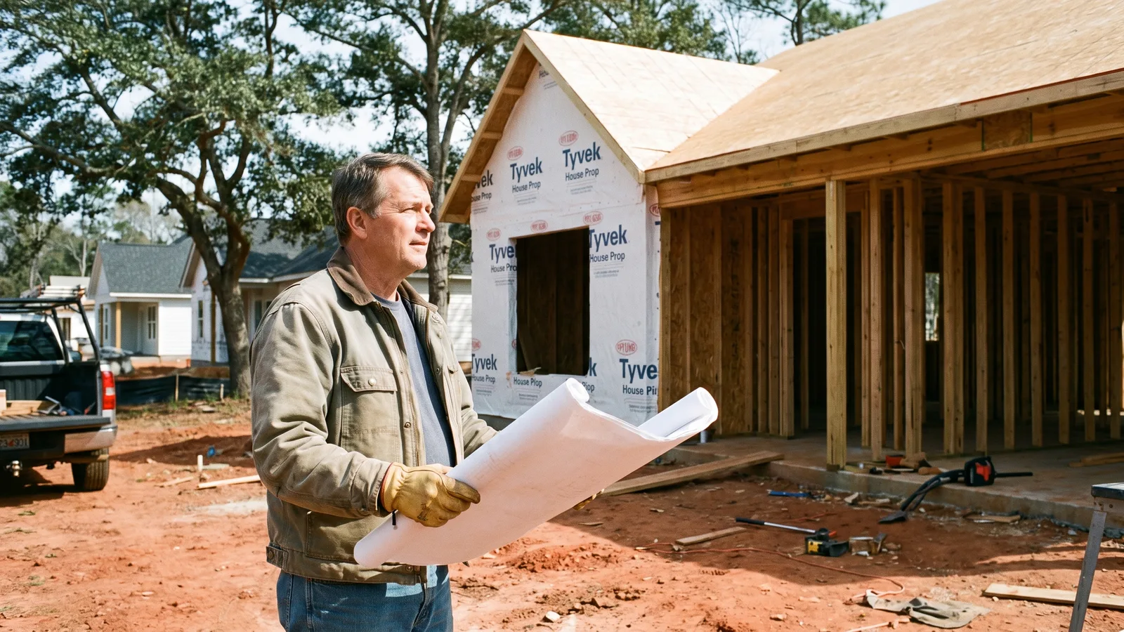 A homeowner in work clothes reviewing construction drawings at a partially built house in Georgia