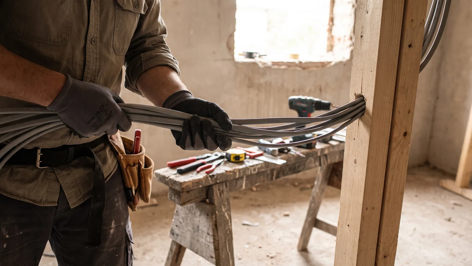 A licensed electrician working on rough-in wiring inside a newly framed residential wall