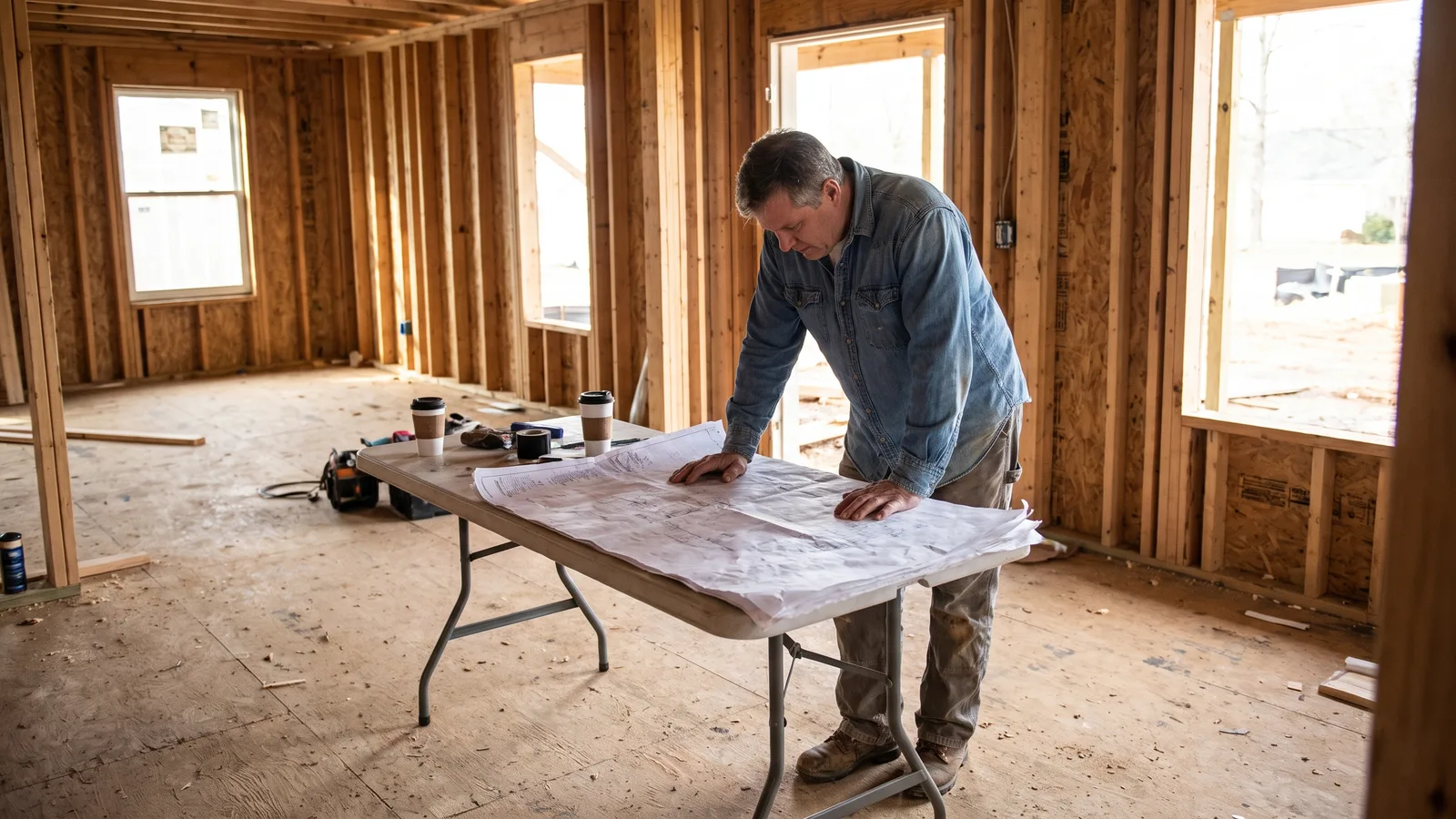 A homeowner reviewing building plans on a table at an unfinished house framed with lumber in North Carolina