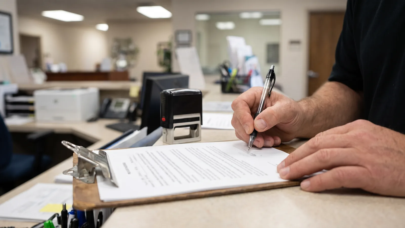 A close-up of hands signing a notarized affidavit form on a clipboard at a permit counter