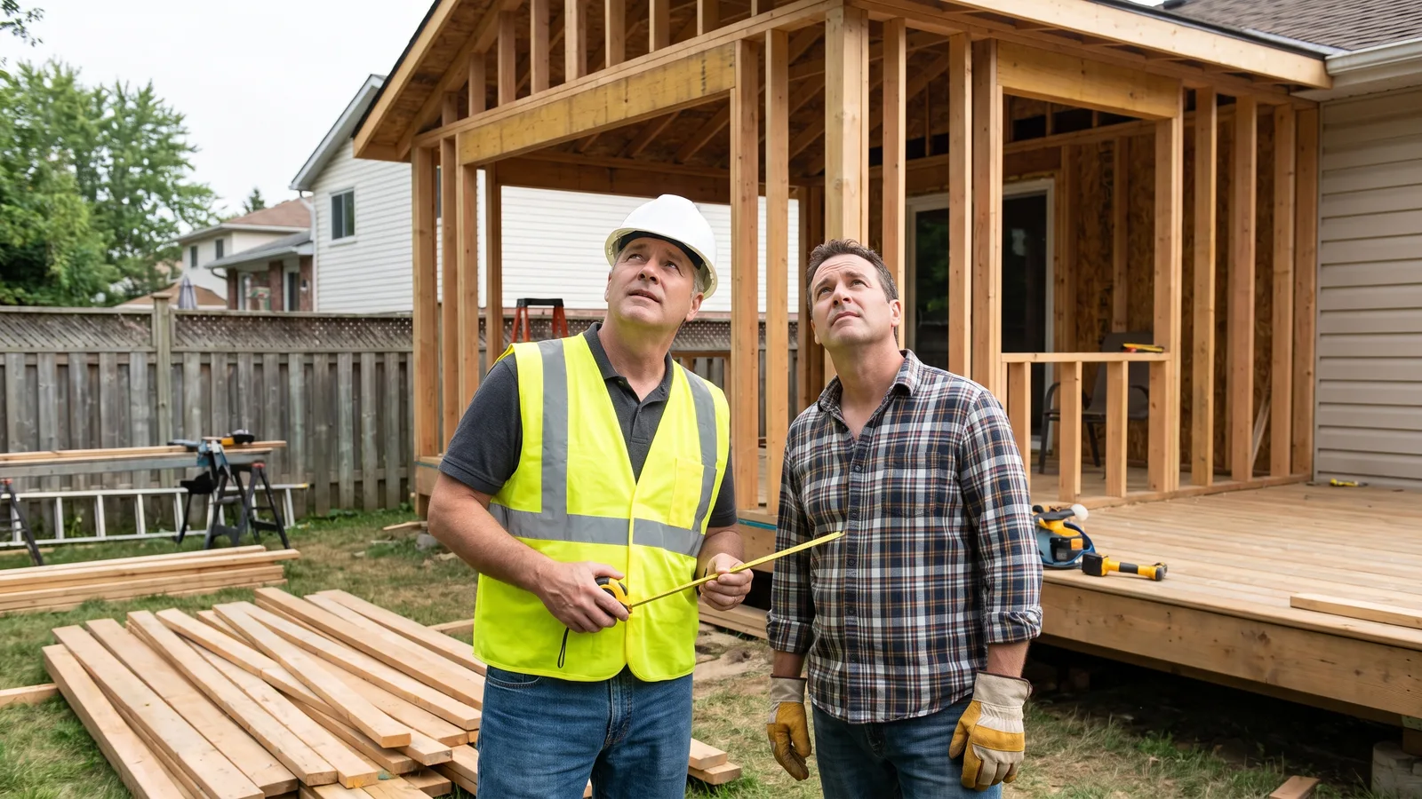A building inspector and a homeowner standing together beside a partly framed addition during an inspection