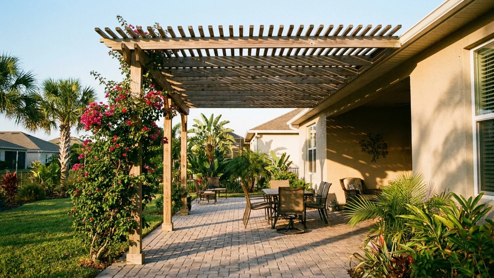 A wooden pergola attached to a Florida home shading a paver patio