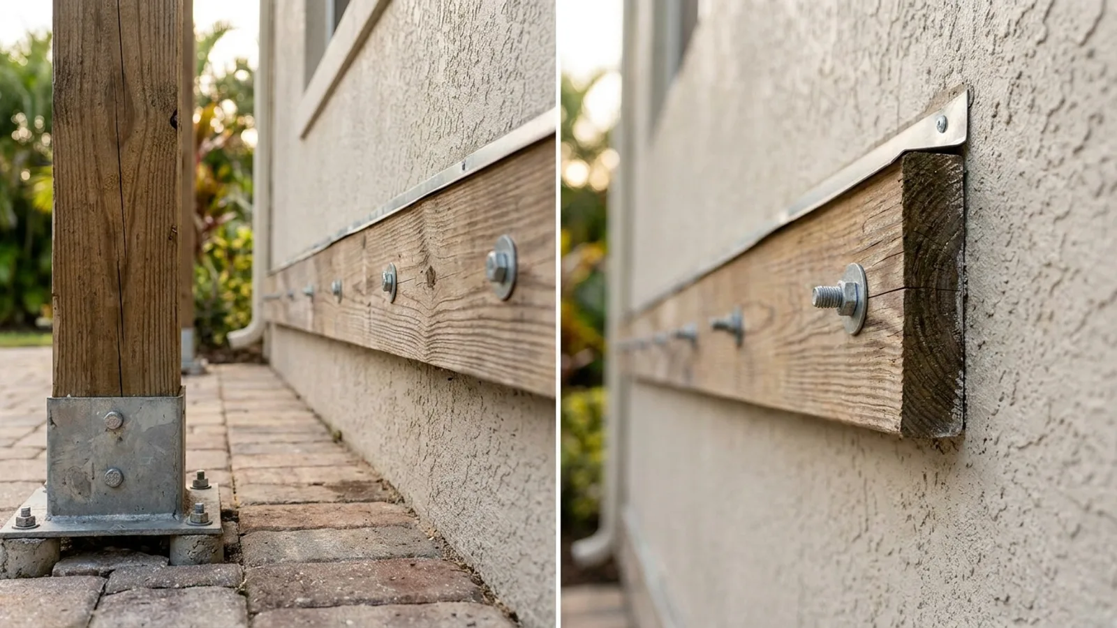 An attached pergola's ledger connection and post base at a Florida home