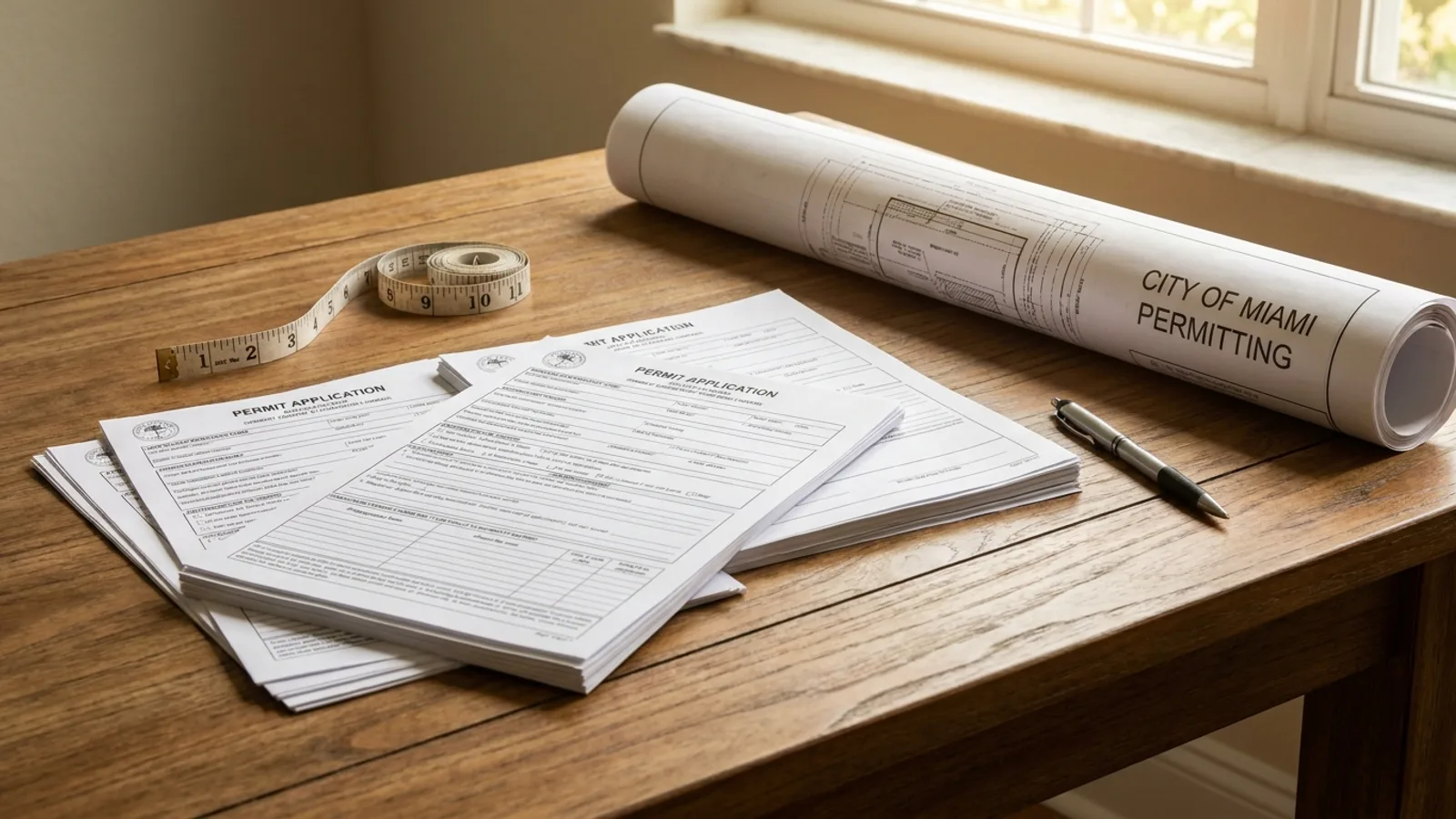An organized set of permit application documents and a site plan laid out on a desk in a Florida home office