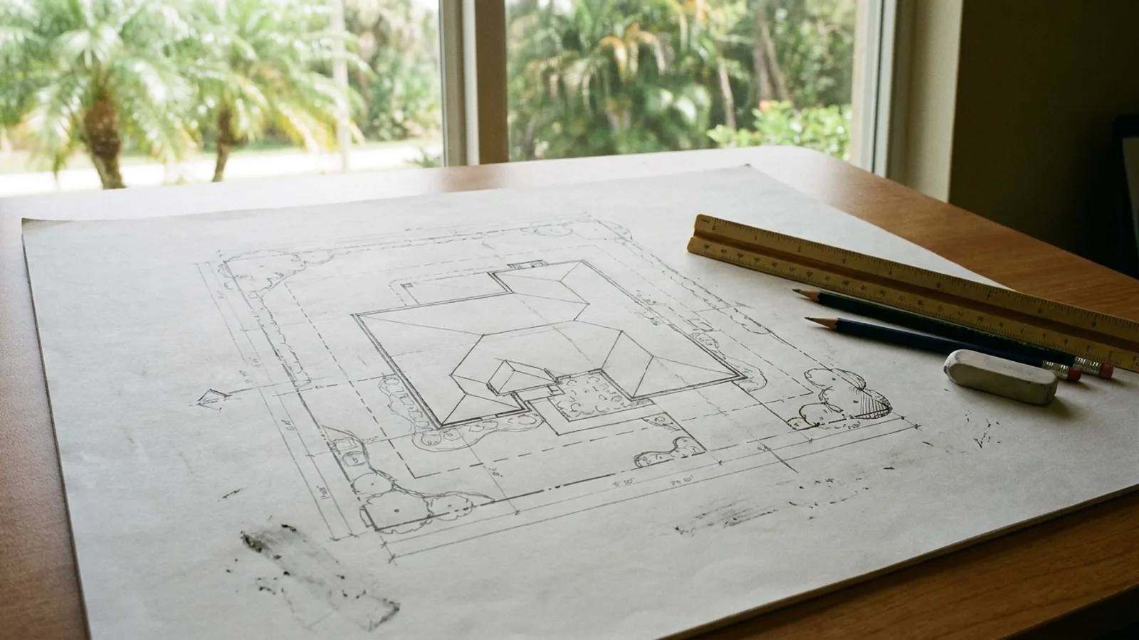 A hand-drawn residential site plan showing a house footprint and property lines on a drafting desk
