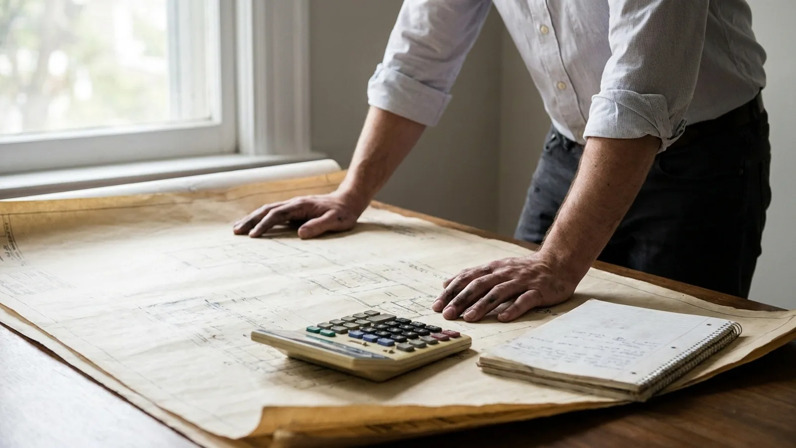 A homeowner reviewing construction plans and paperwork at a kitchen table