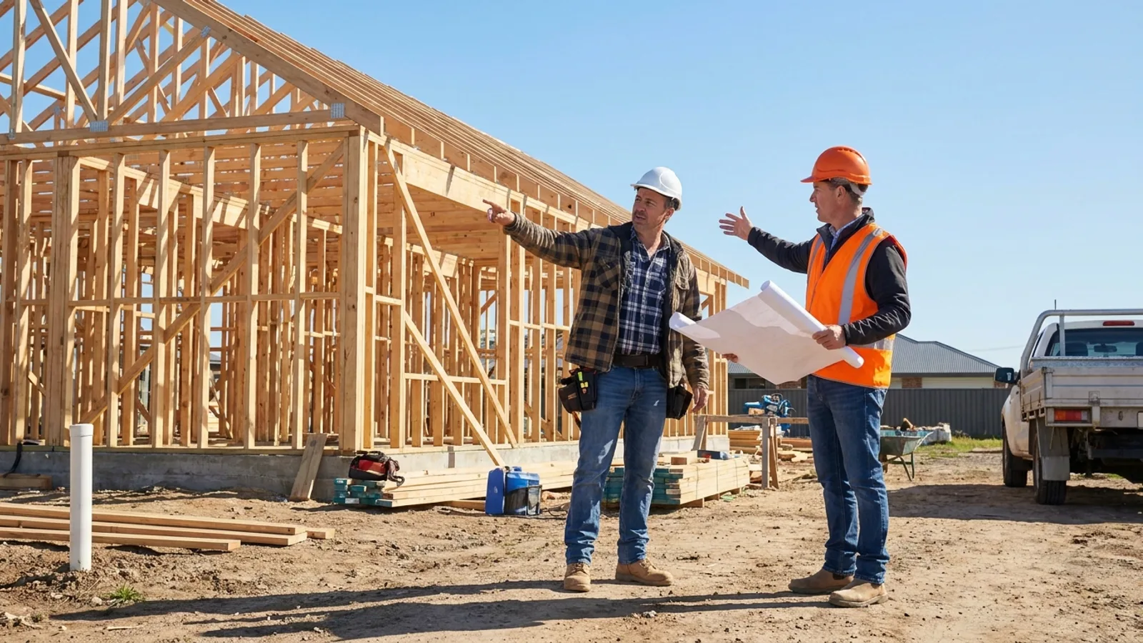 A building inspector and a contractor talking beside a partly built house