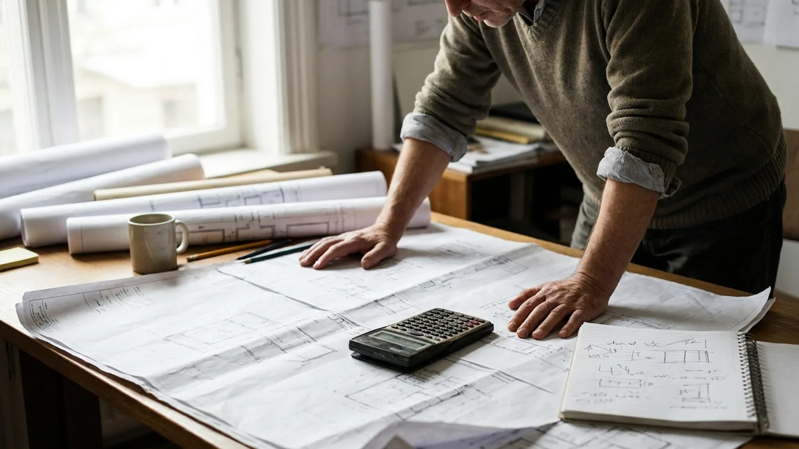 A homeowner reviewing building plans and permit paperwork at a table