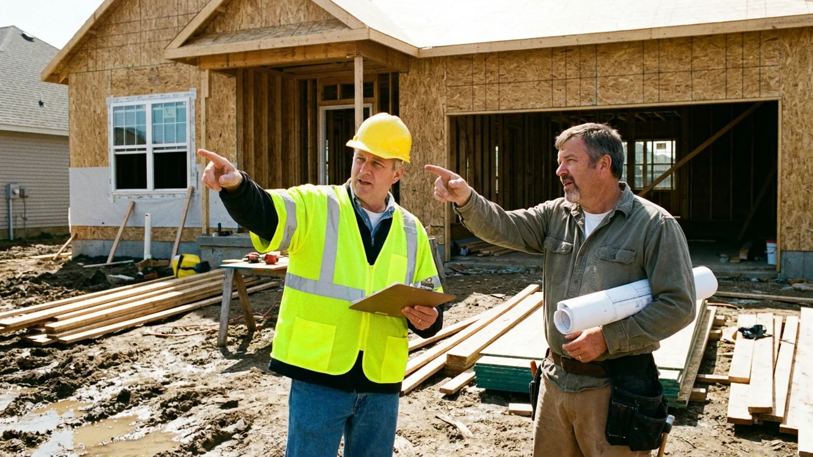 A building inspector and a contractor talking beside a partly built house