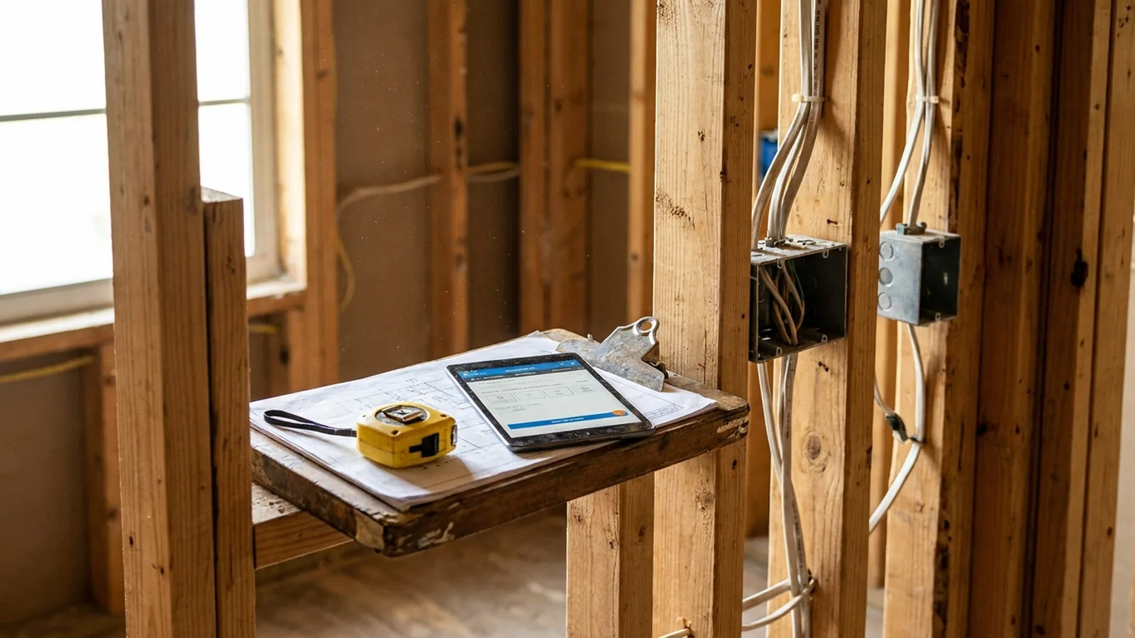 A building inspector's clipboard and tablet resting on exposed wall studs inside a Florida home mid-construction