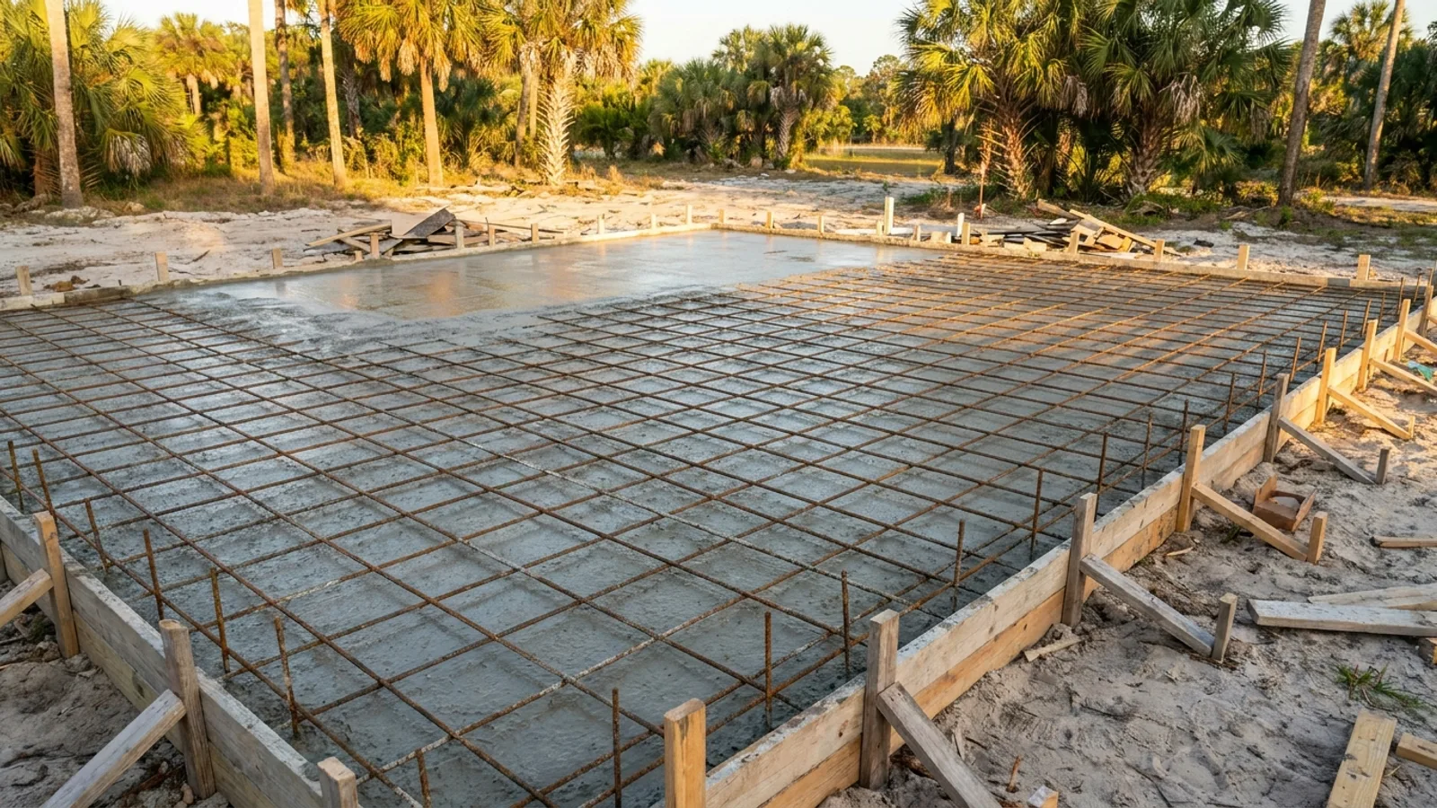 A freshly formed concrete slab foundation with reinforcing steel rebar at a Florida home construction site