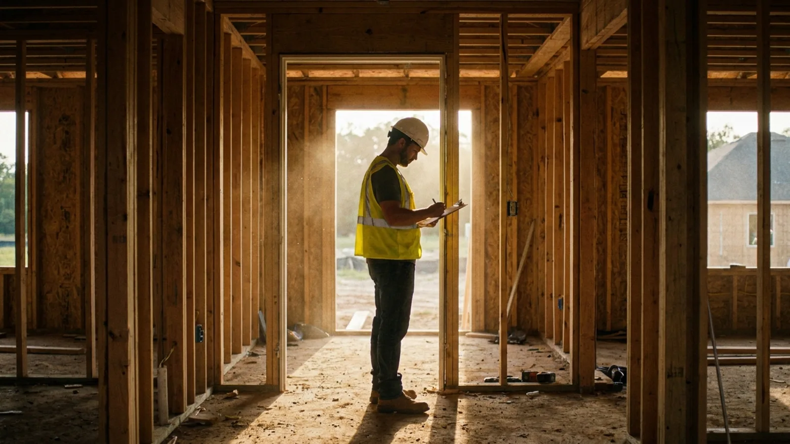 A building inspector holding a clipboard and checking a residential job site