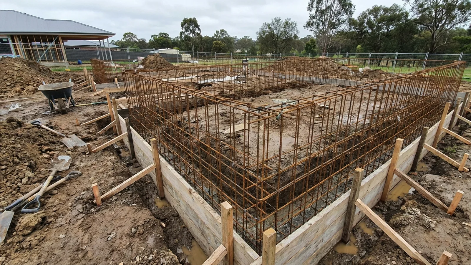 A house under construction in North Carolina at the framing stage