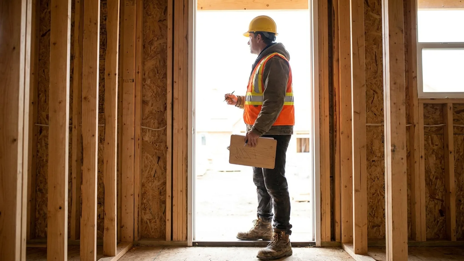 A building inspector with a clipboard at a residential construction site