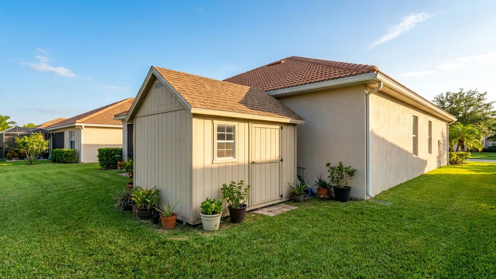 A residential backyard storage shed beside a Florida home under clear skies