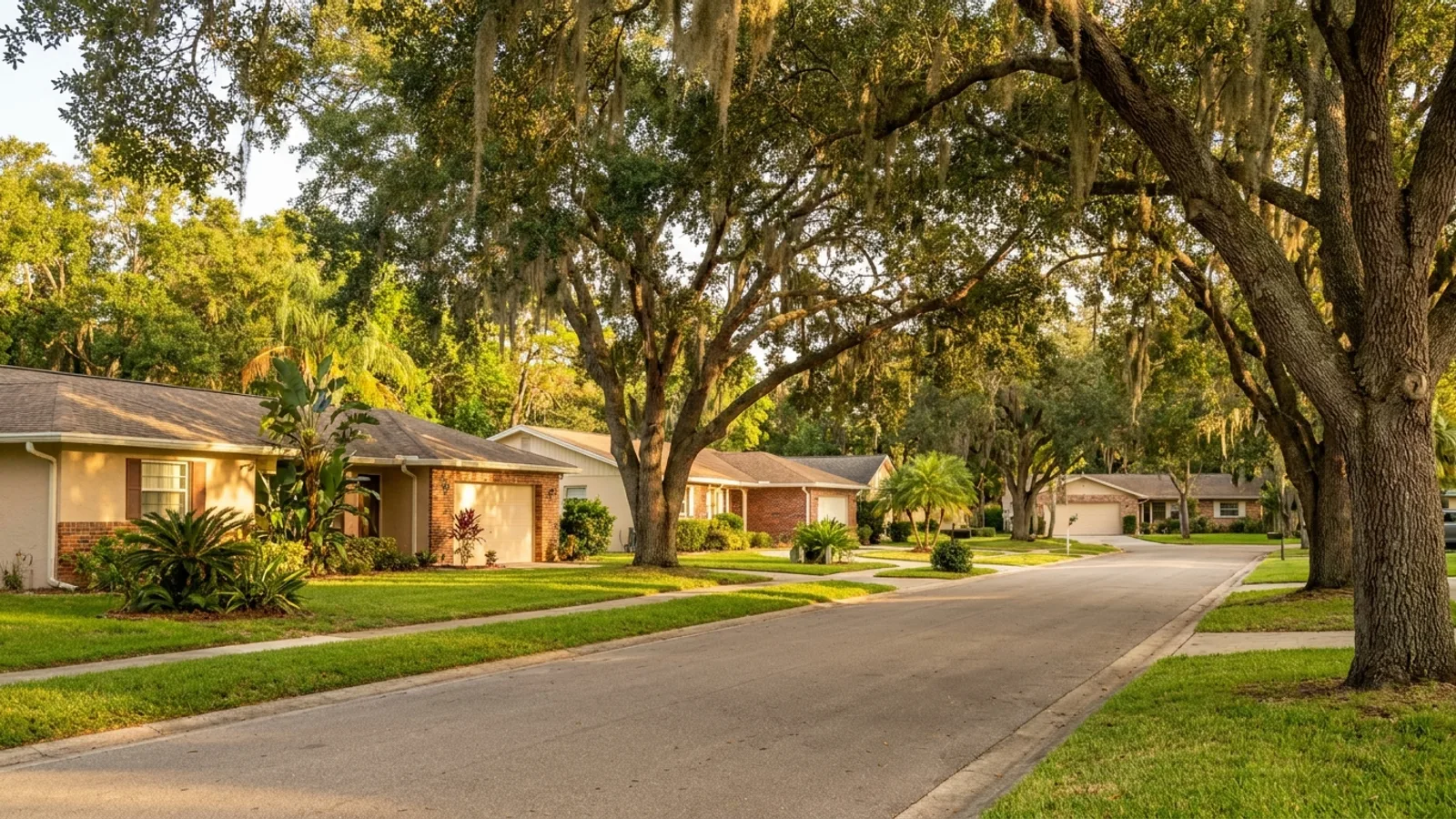 A quiet residential street in a Central Florida neighborhood under warm daylight