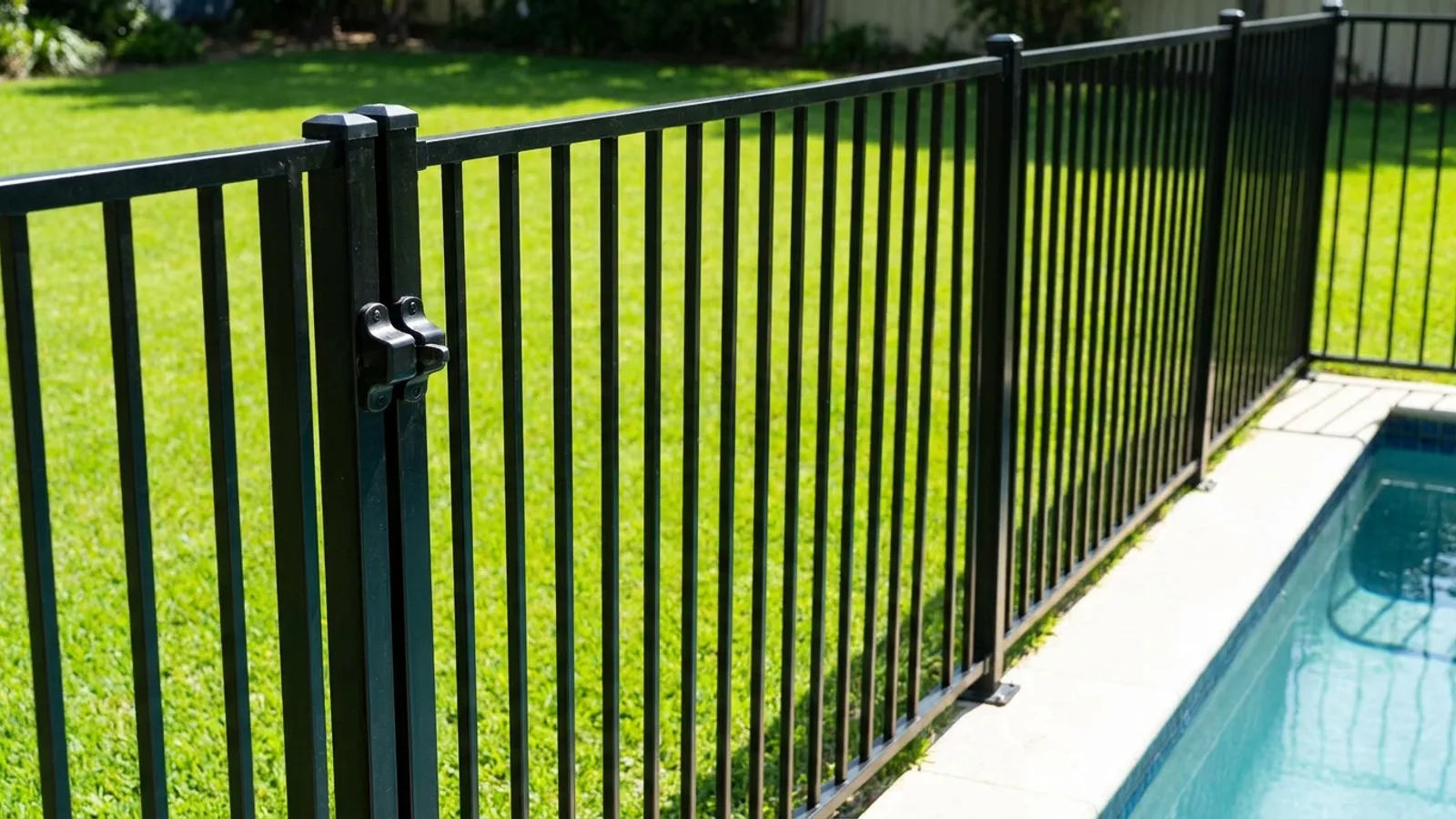 A black aluminum pool safety fence with a self-latching gate around a backyard pool