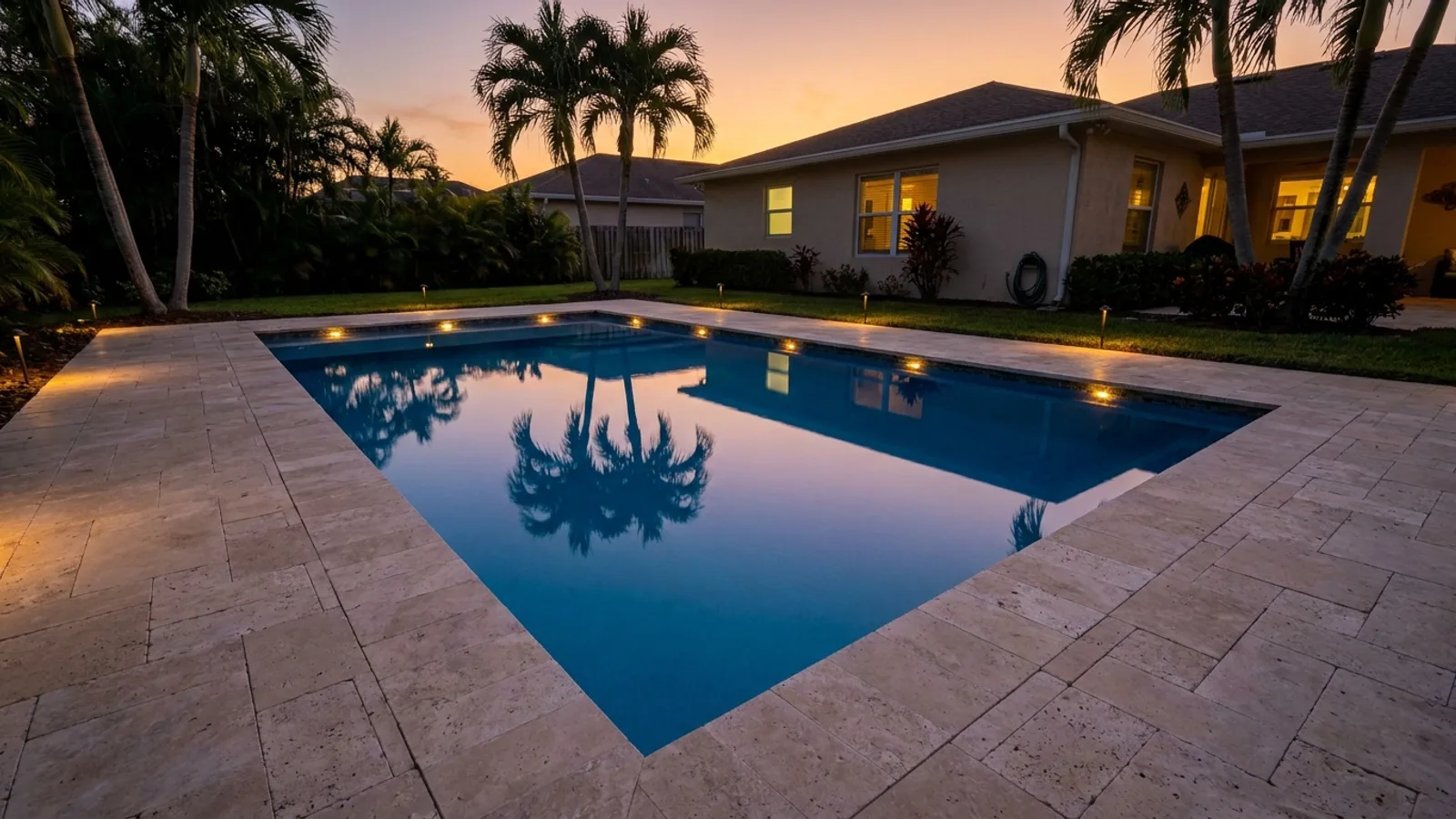 An in-ground backyard pool with a paver deck beside a Florida home at dusk