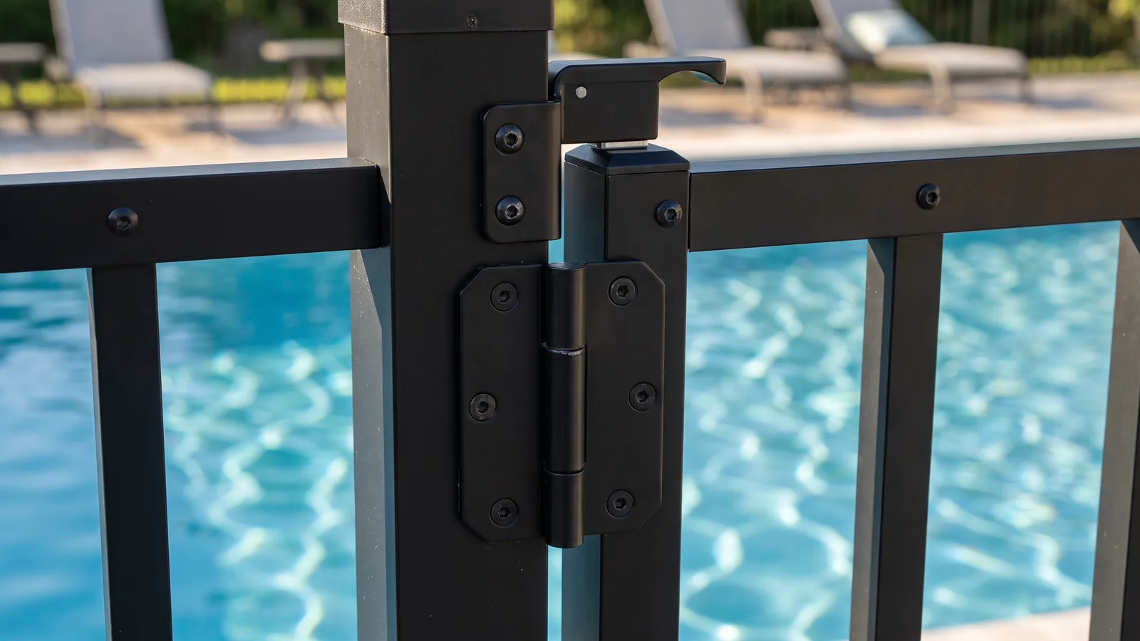 A pool safety gate with a self-closing latch mounted high on the gate frame