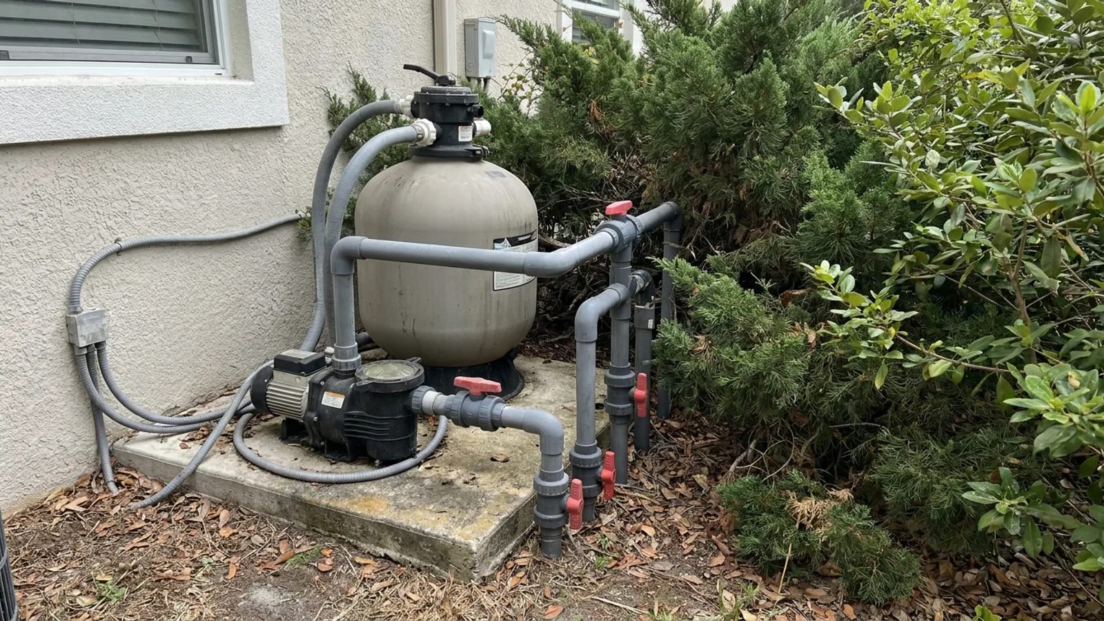 Pool equipment including a pump and filter installed beside a house