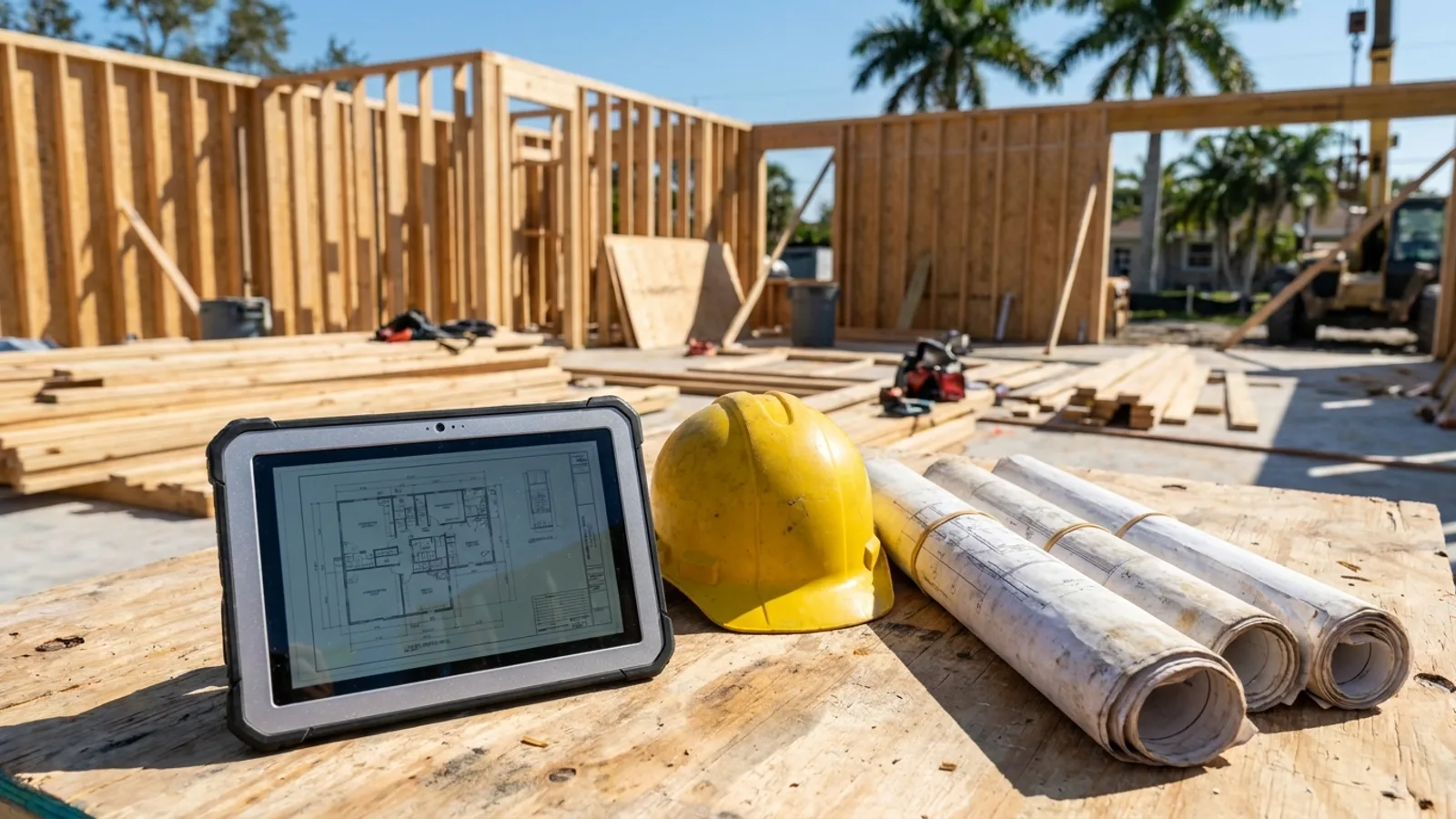 A licensed private inspector reviewing construction plans on a tablet at a Florida job site