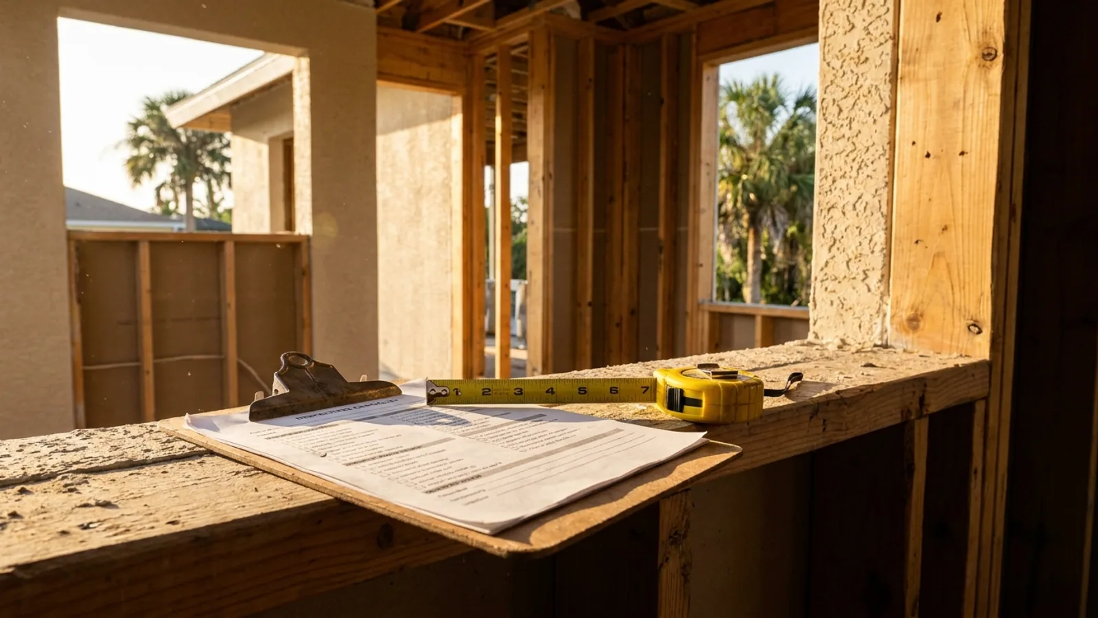 A clipboard with an inspection checklist and a measuring tape on a windowsill of a Florida home under construction