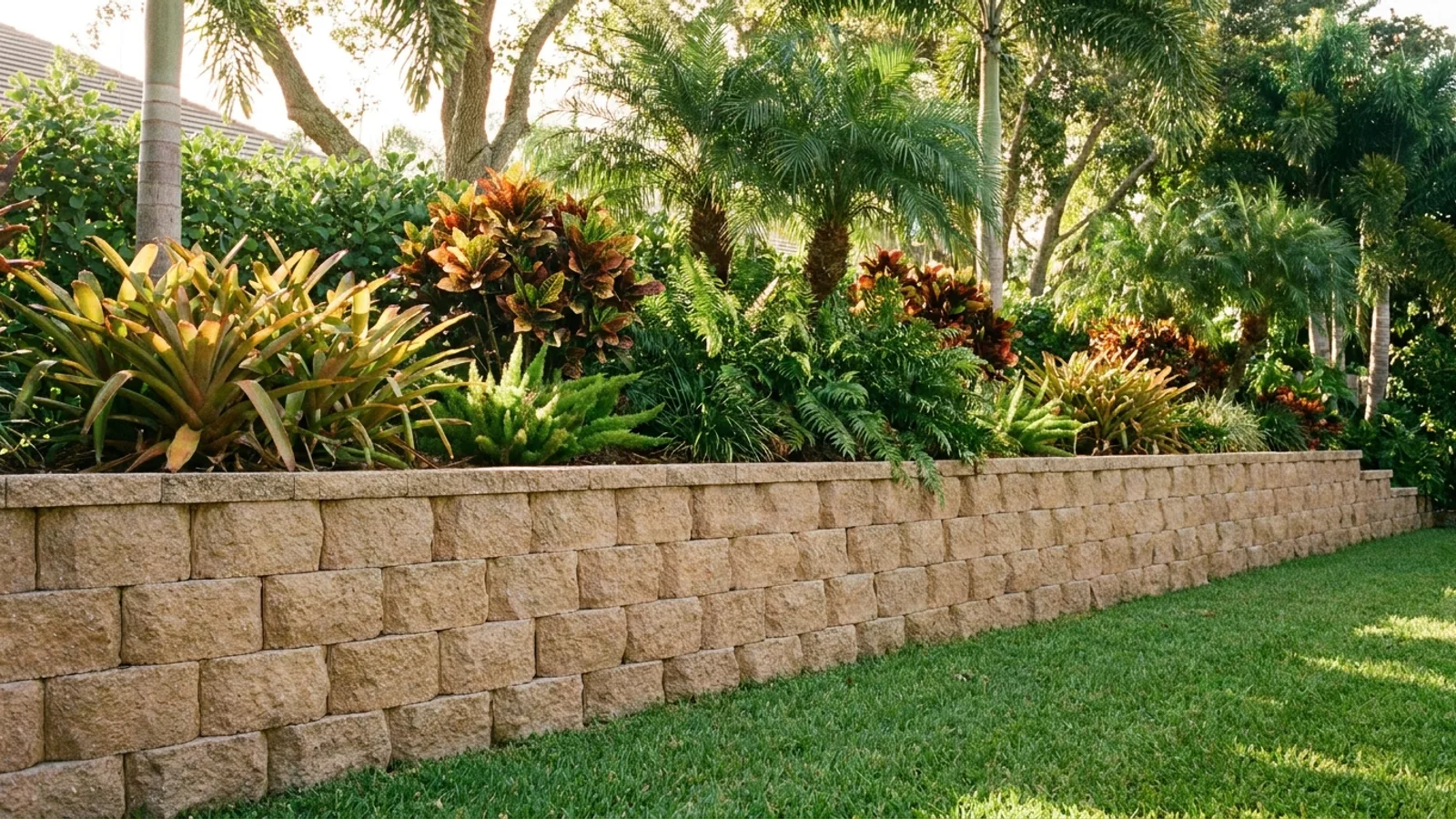 A stacked concrete block retaining wall holding back a raised bed in a Florida yard