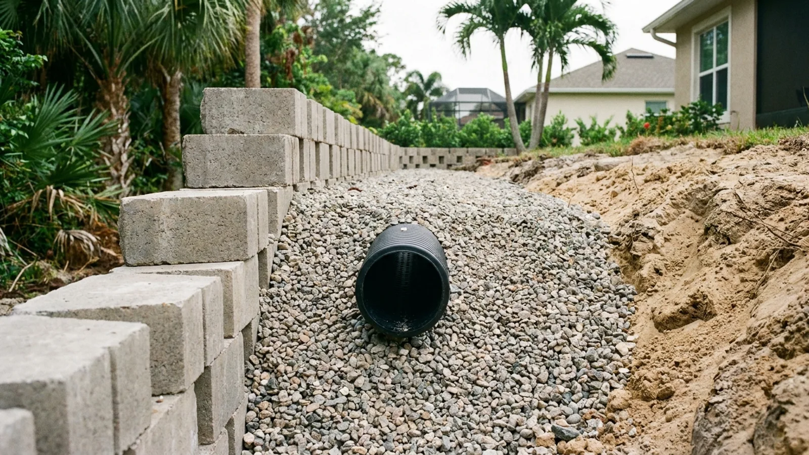 A retaining wall with gravel backfill and drainage behind stacked blocks in Florida