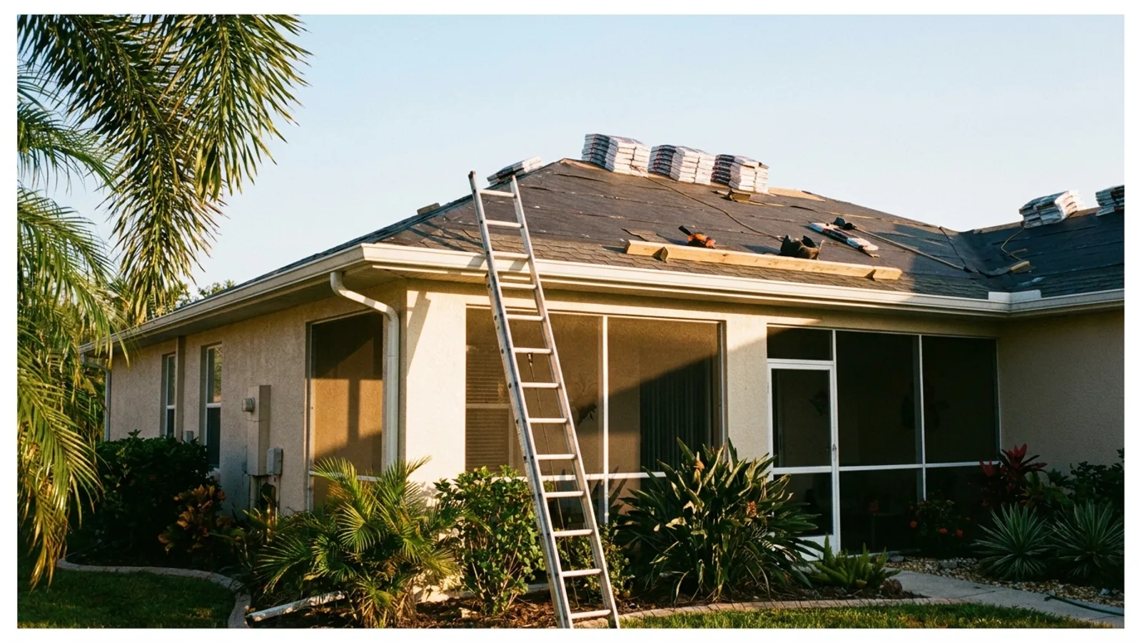 A roofer's ladder leaning against a single-story Florida home during a reroof