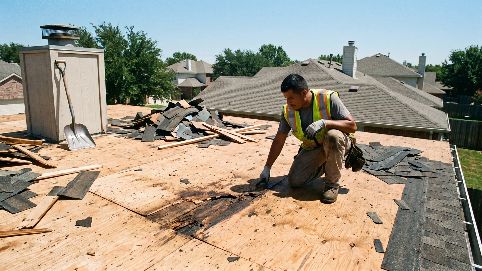 Roofers installing new asphalt shingles over underlayment on a Georgia home