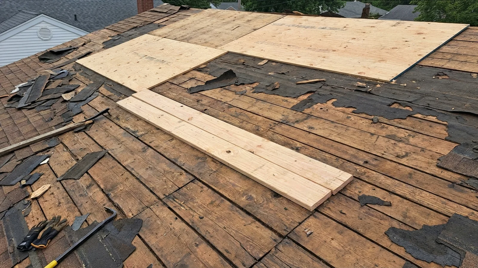 Exposed roof decking and underlayment visible during a residential roof tear-off
