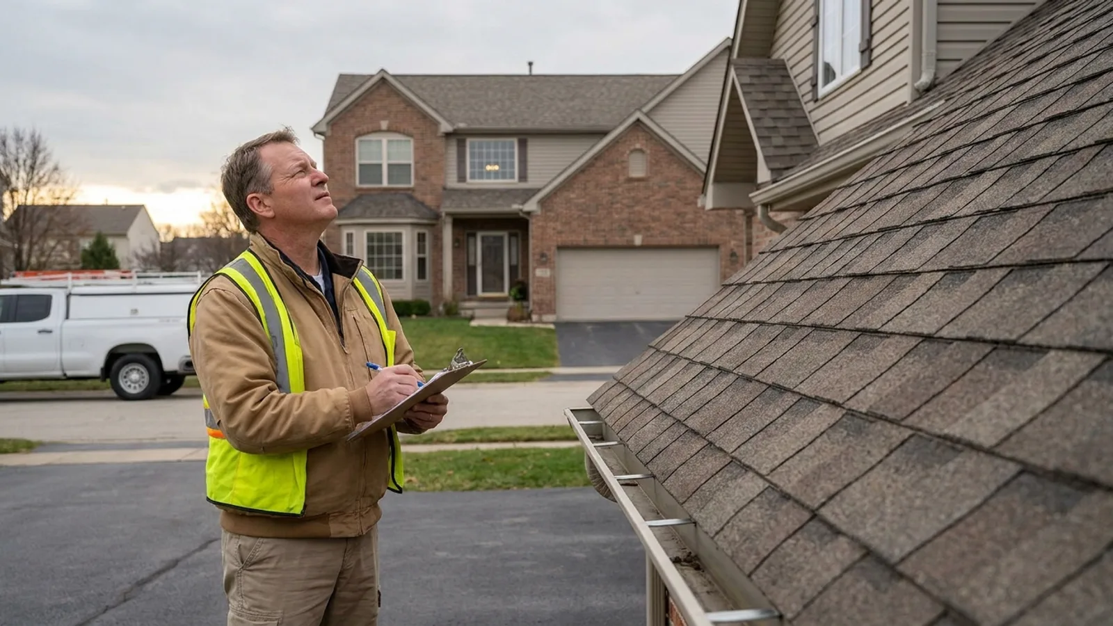 A building inspector on a residential driveway looking up toward a roof