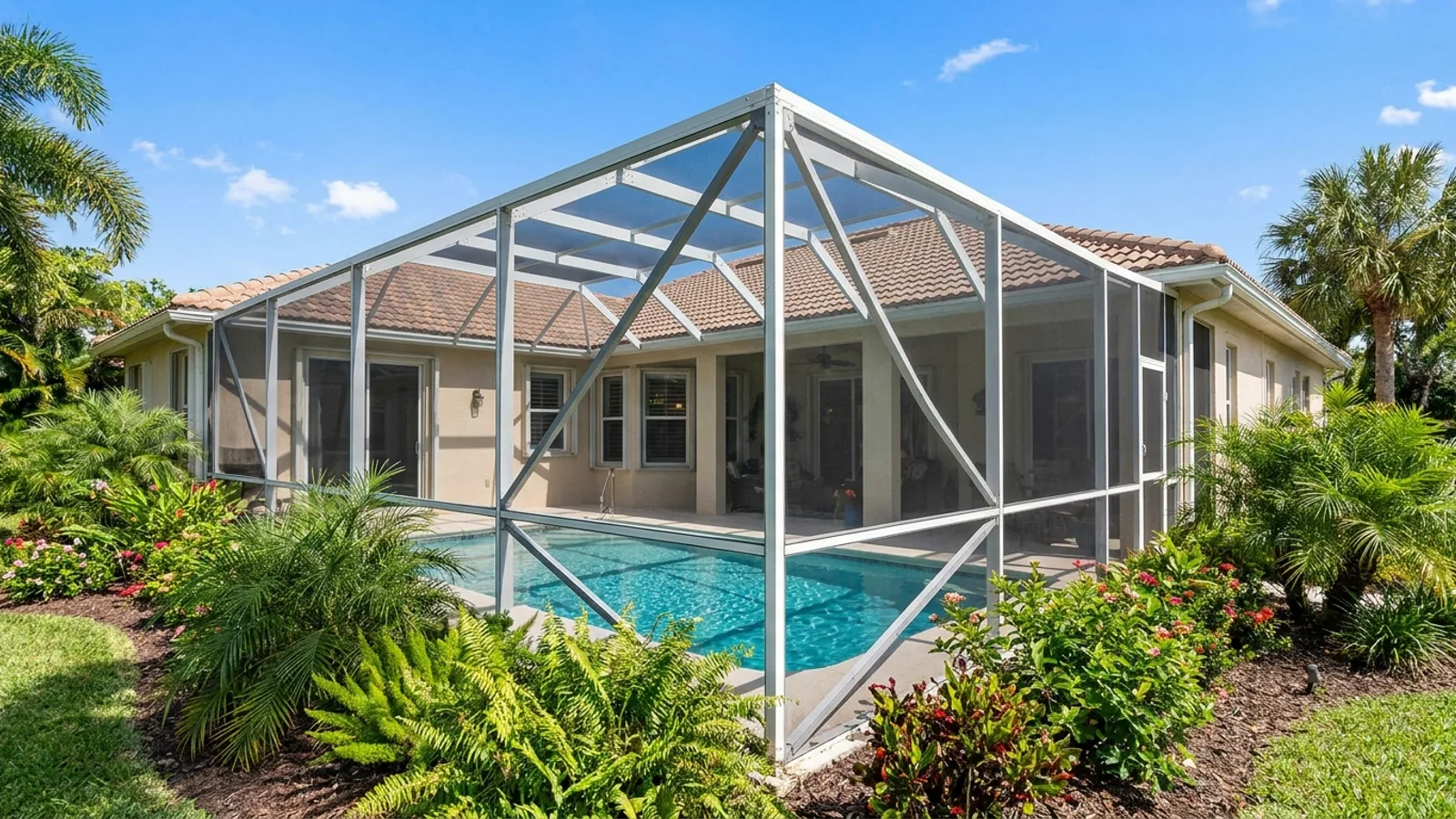 A screened pool enclosure with an aluminum frame attached to a Florida home
